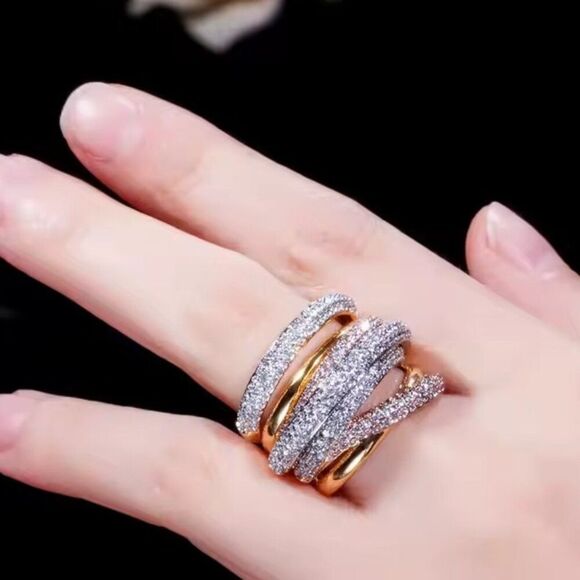 Tri color Wide Multi Pave Overlap Chucky Gold Plated Stackable cocktail ring - Picture 4 of 7